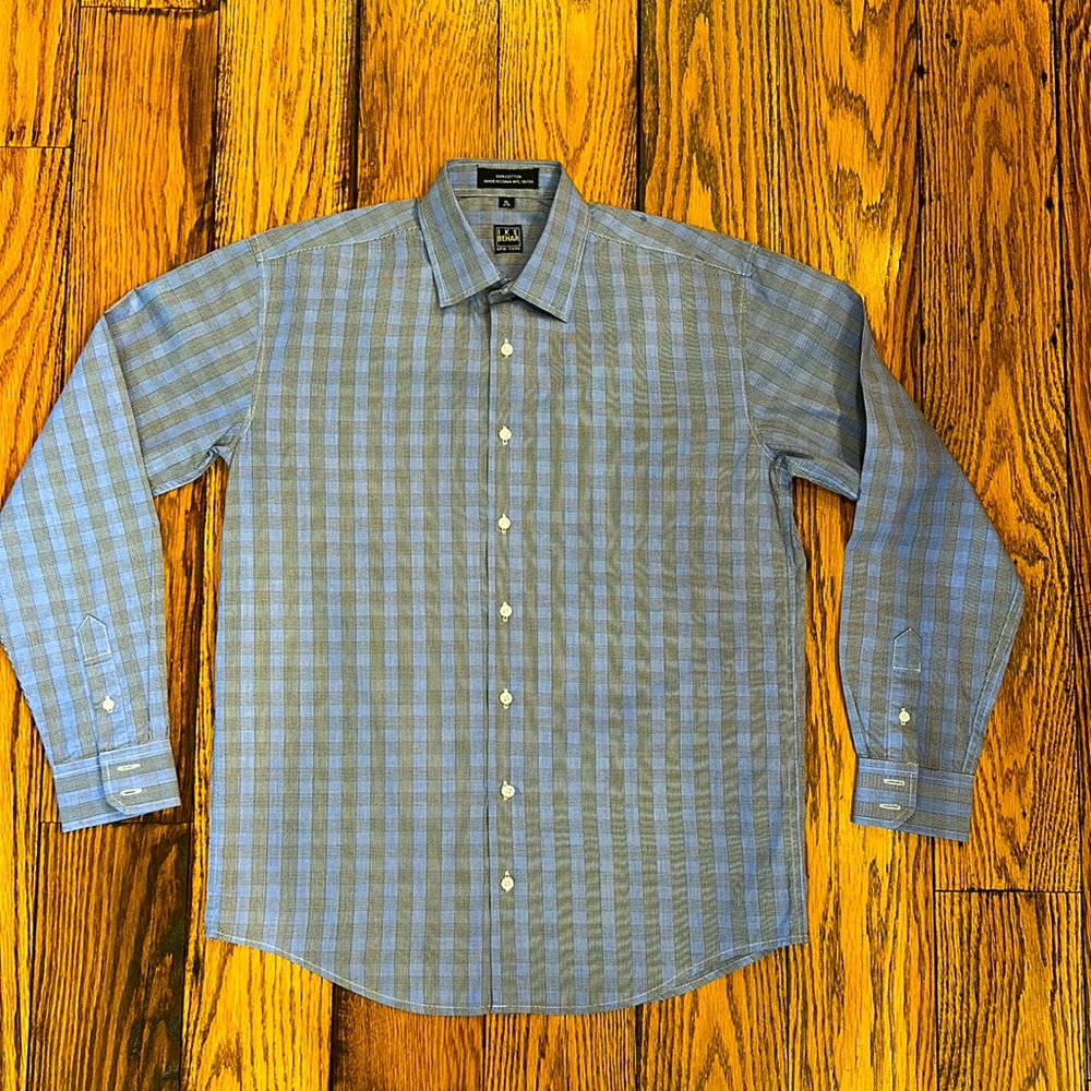 IKE BEHAR XL( 18/20)BOYS COTTON GLEN PLAID DRESS SHIRT IN BLUE, BLACK AND IVORY